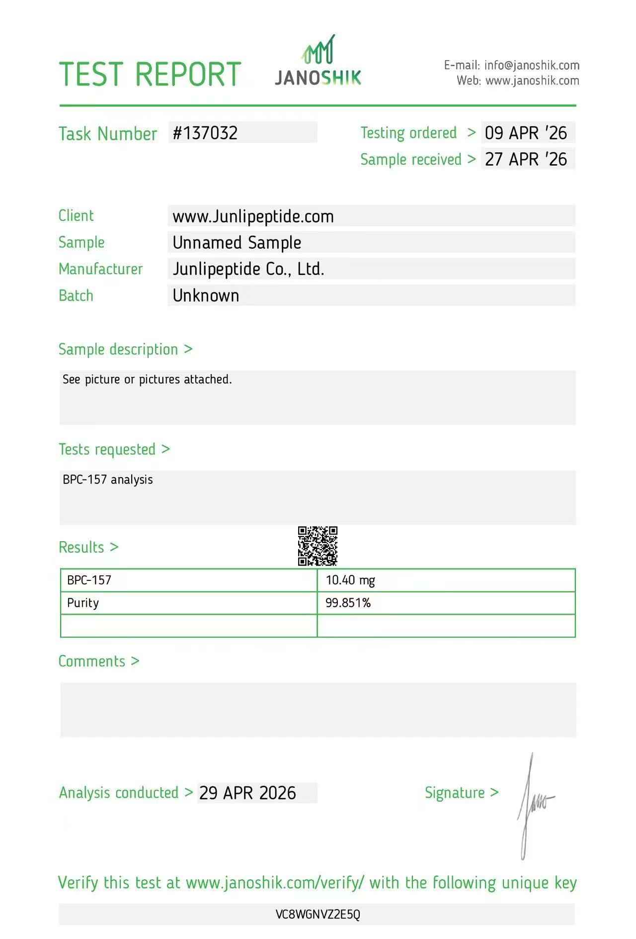 Junli Peptide COA 2