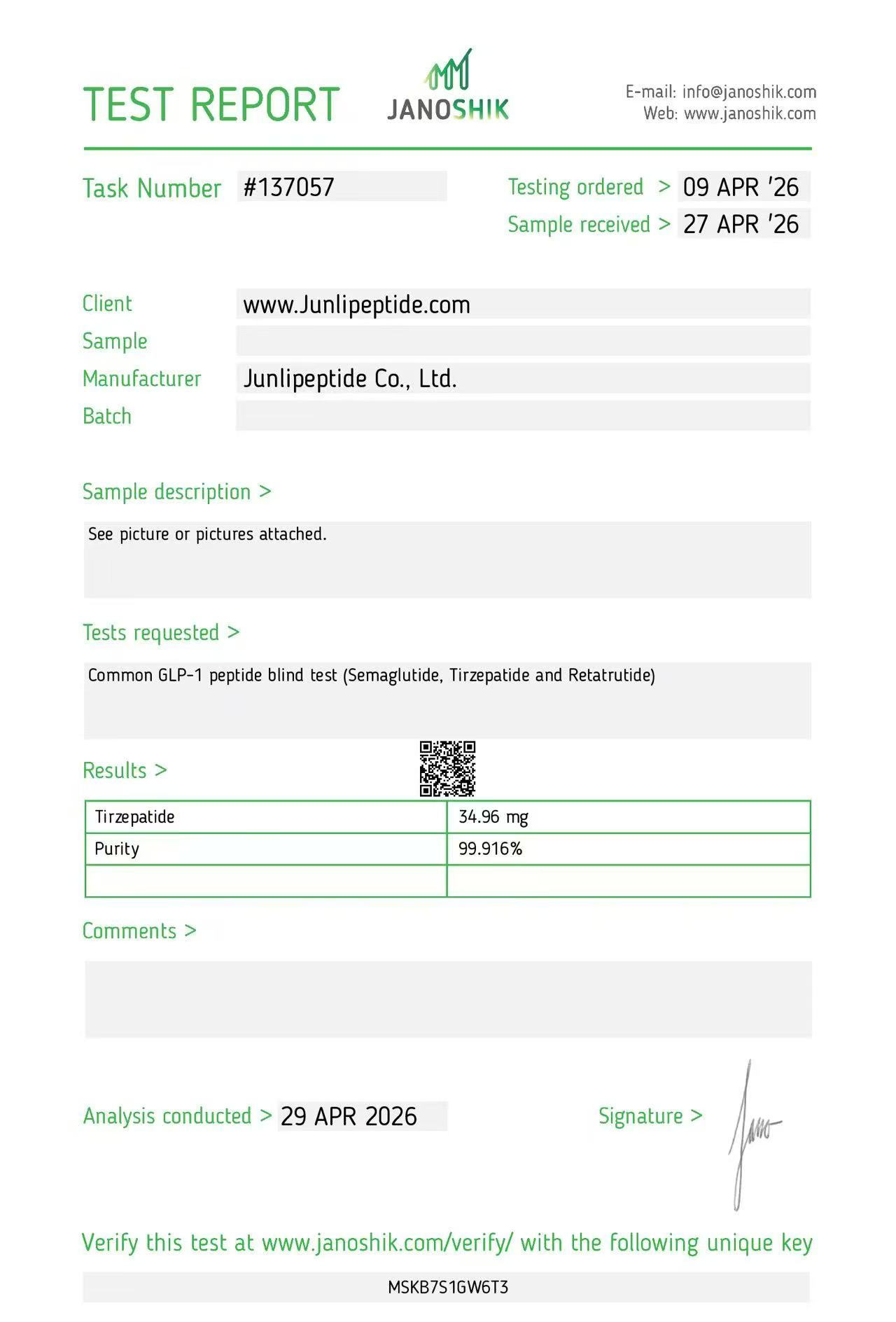 Junli Peptide COA 4